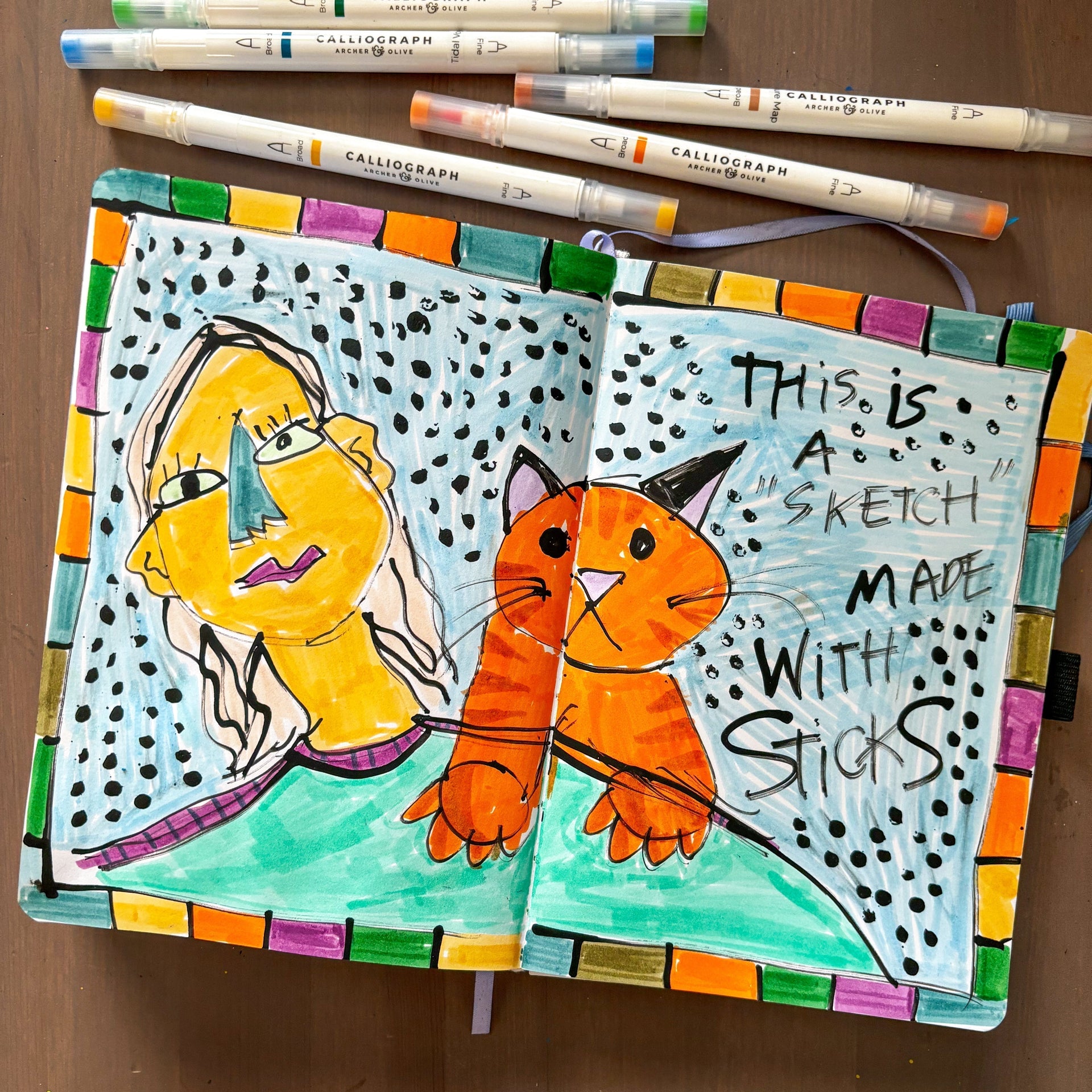 a drawing of a portrait of a girl with an orange cat, surrounded by a background of black dots 