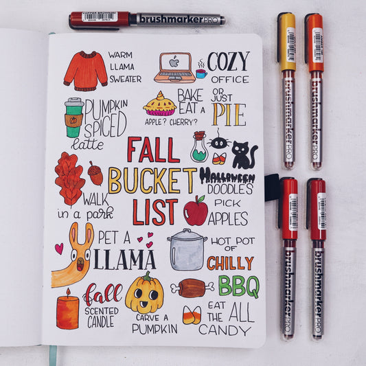 fall bucket list, bucket list, bullet journal, archer and olive, B5 dot grid notebook, bullet journal spread, bujo ideas, watercolor markers, bullet journaling