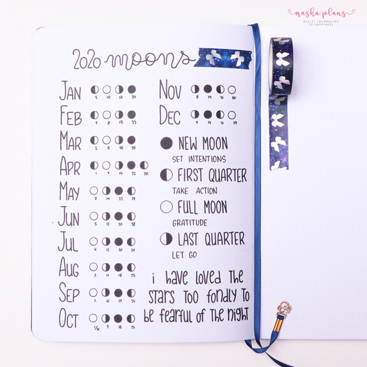 moon calendar, bullet journal, masha plans, archer and olive