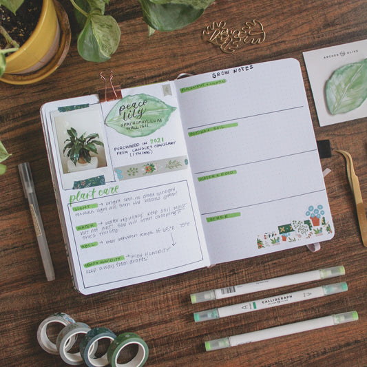 A white dot grid notebook lies open on a desk surrounded by plant-themed stationery items. On the pages is a plant journal spread for tracking care and growth of a peace lily.