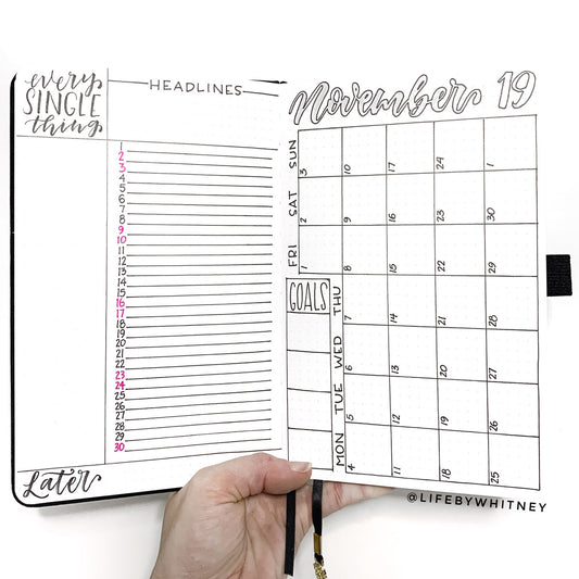 November 2019 hand-drawn bullet journal monthly calendar