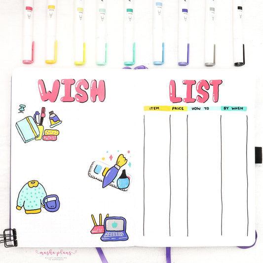 Bullet Journal wish list using Acrylograph pens and journal by Archer and Olive 