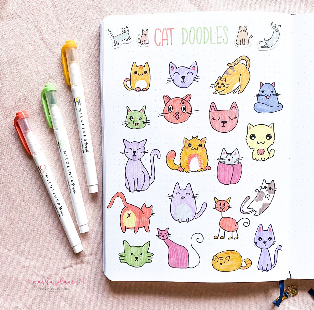 cat doodles, masha plans, bullet journal doodles, doodle ideas, archer and olive