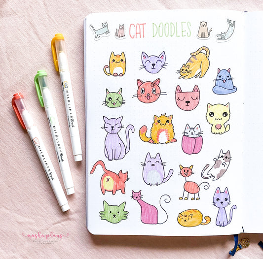 cat doodles, masha plans, bullet journal doodles, doodle ideas, archer and olive