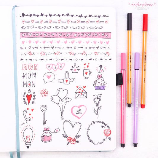 bullet journal, masha plans, valentines day, archer and olive, doodles, borders