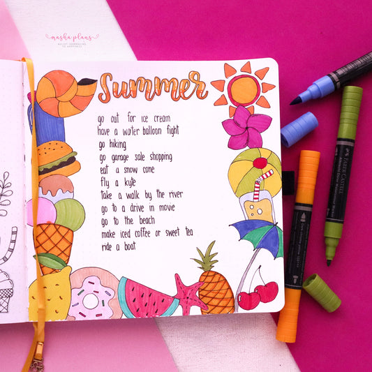 summer bucket list, bucket list, masha plans, summer doodles, square journal, archer and olive