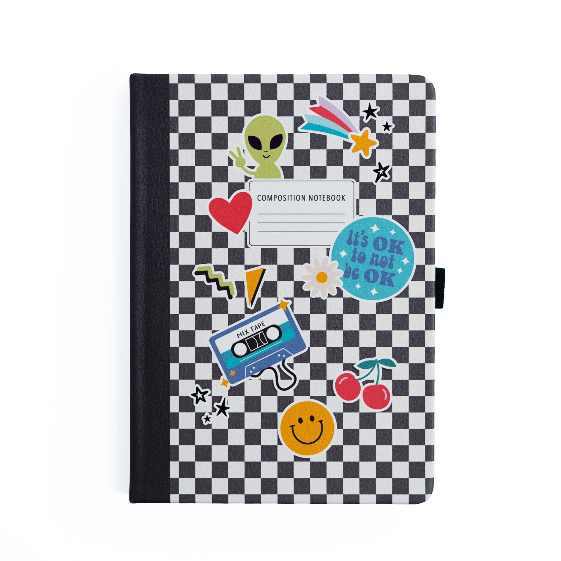 Checkered notebook with stickers on a white background