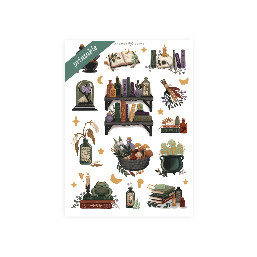 Printable witchy sticker set with potions, cauldrons & spellbooks.