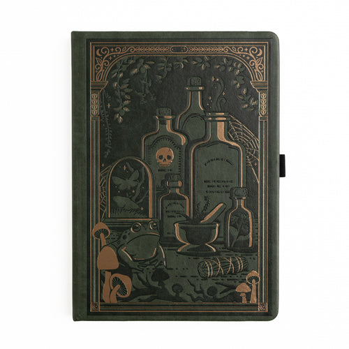 Olive-green vegan leather notebook with gold foil mushrooms & potion bottle illustrations. 