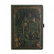 Olive-green vegan leather notebook with gold foil mushrooms & potion bottle illustrations. 