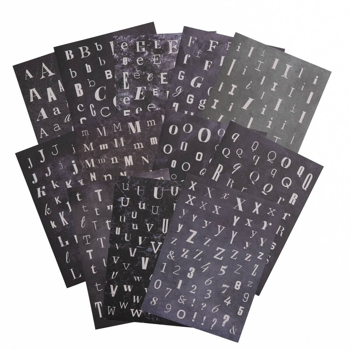12-page letter sticker set on bold black background