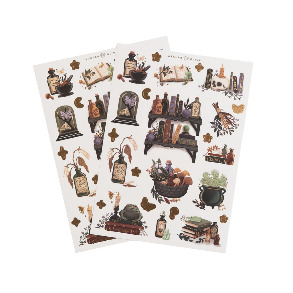 Moody, earthy witchy sticker set with cauldrons, potions & spellbooks