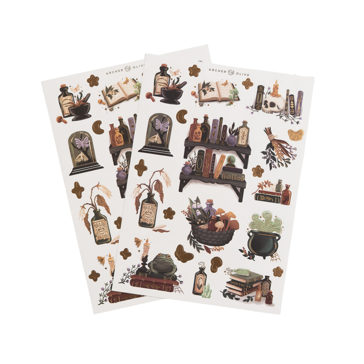 Moody, earthy witchy sticker set with cauldrons, potions & spellbooks
