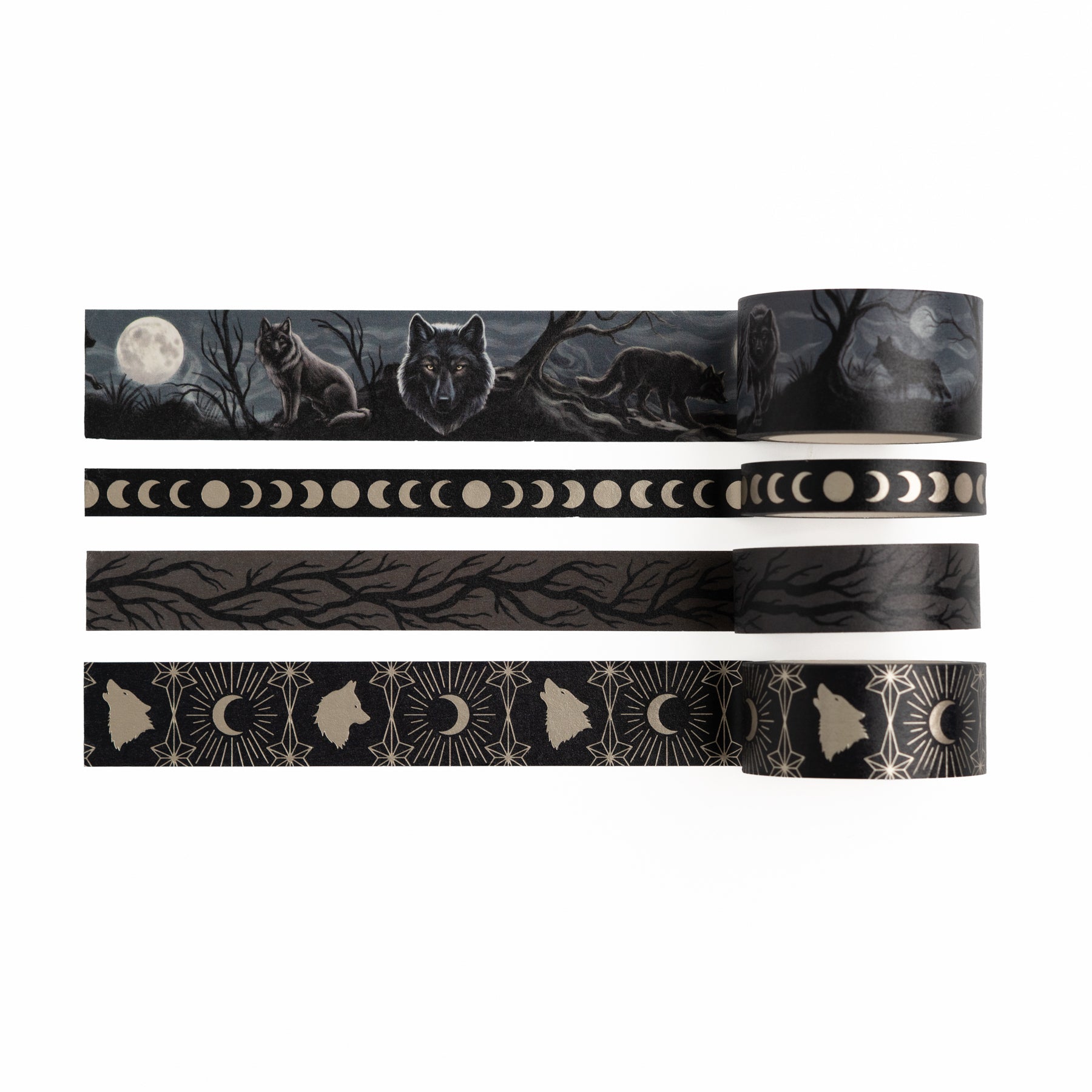 4-roll washi tape set with wolves, moon phases & tree designs