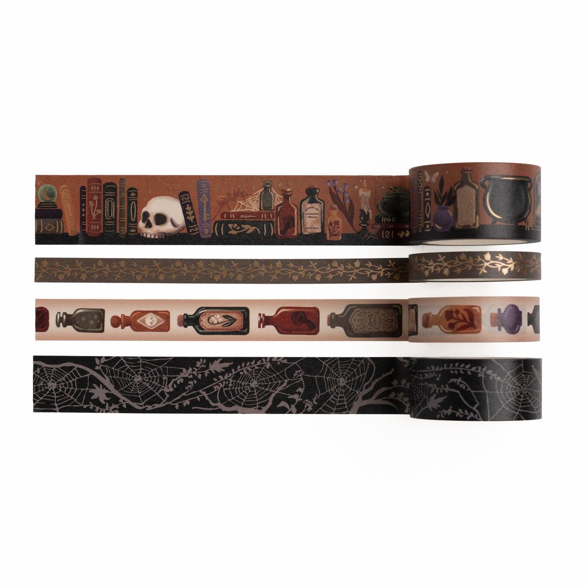 4-roll washi tape set with cauldrons, potion bottles & spellbook design