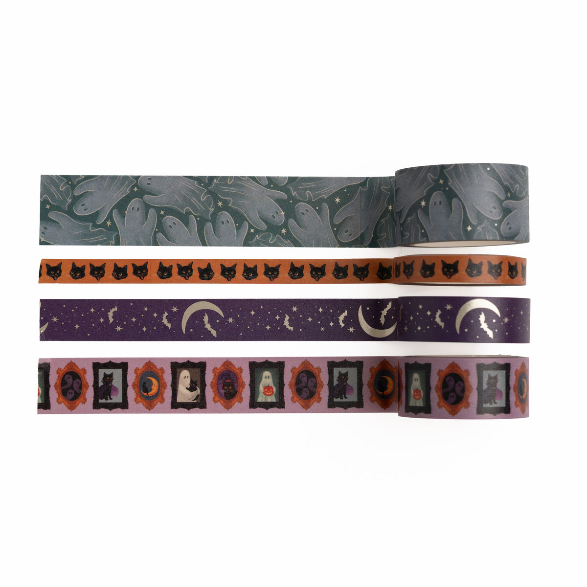 4-roll Halloween washi tape set with ghosts, black cats & bats