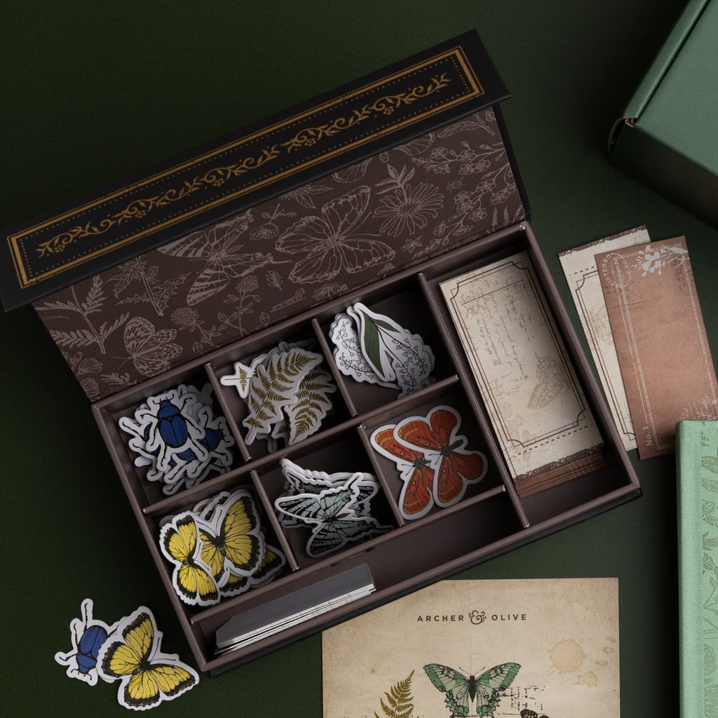 Set of butterfly-themed patches in a decorative box on a dark surface.