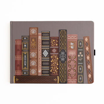 Taupe vegan leather notebook illustrated with a row of ornate gilded book spines