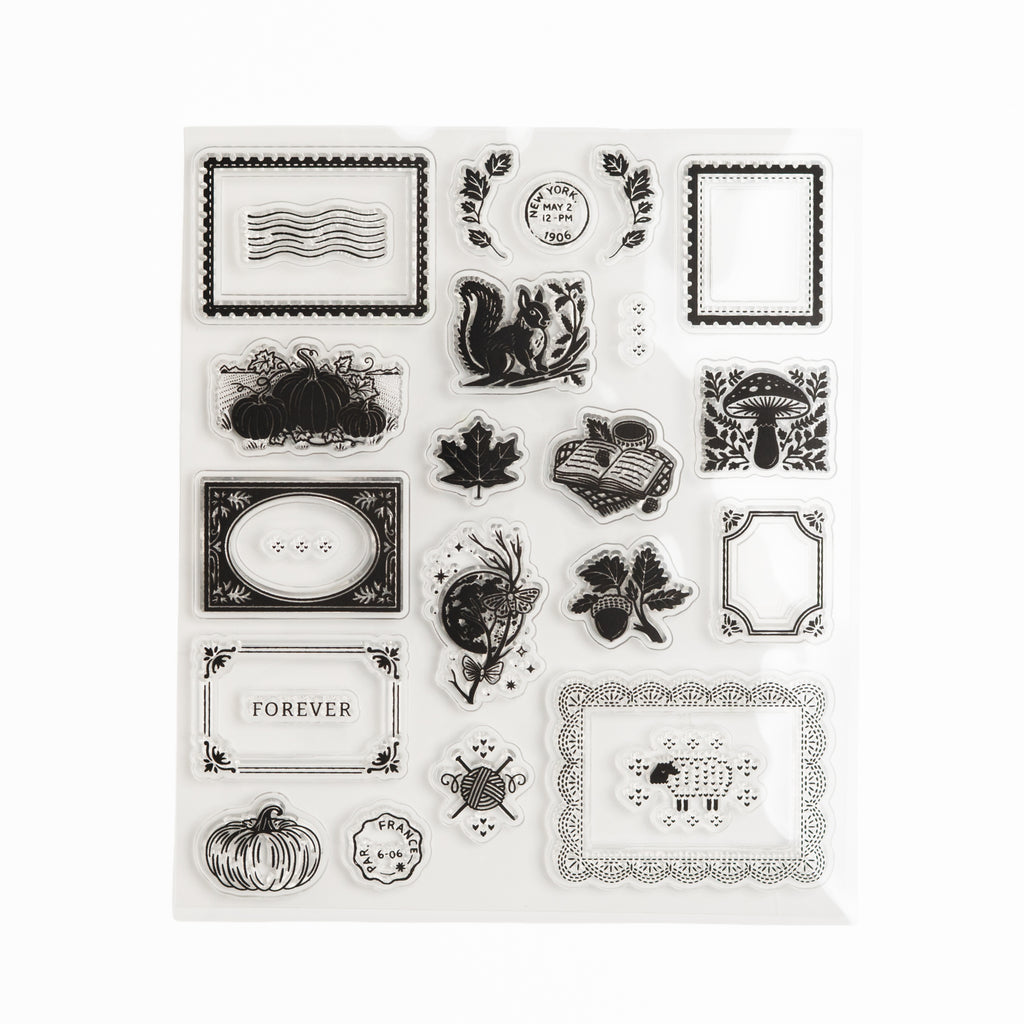Clear acrylic stamp sheet with vintage postage frames and autumn nature motifs