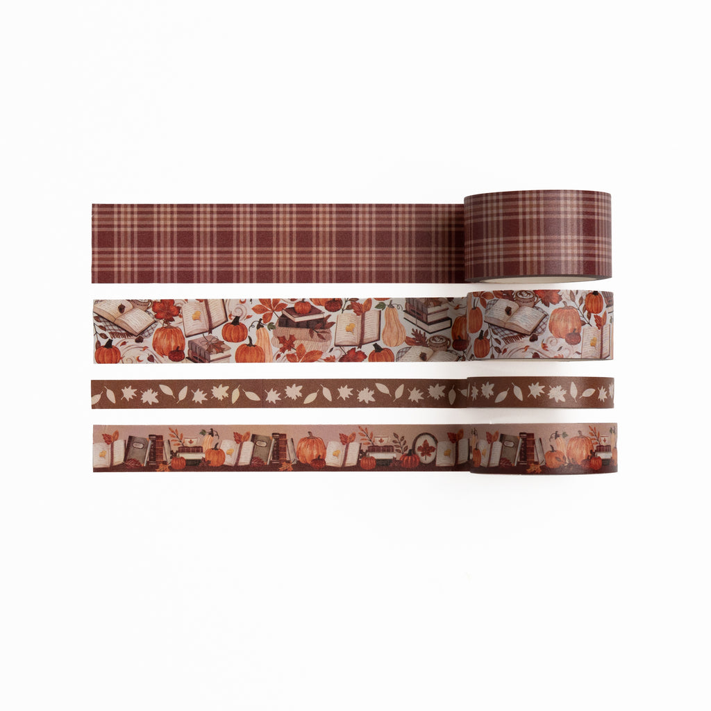 Four rolls of Reading Season washi tape with autumn leaves, pumpkins, and book illustrations