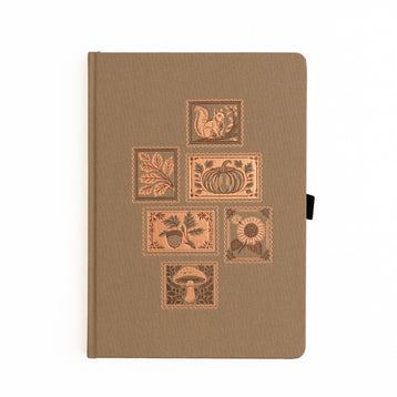 Taupe buckram notebook with six foiled postage-stamp-style nature illustrations