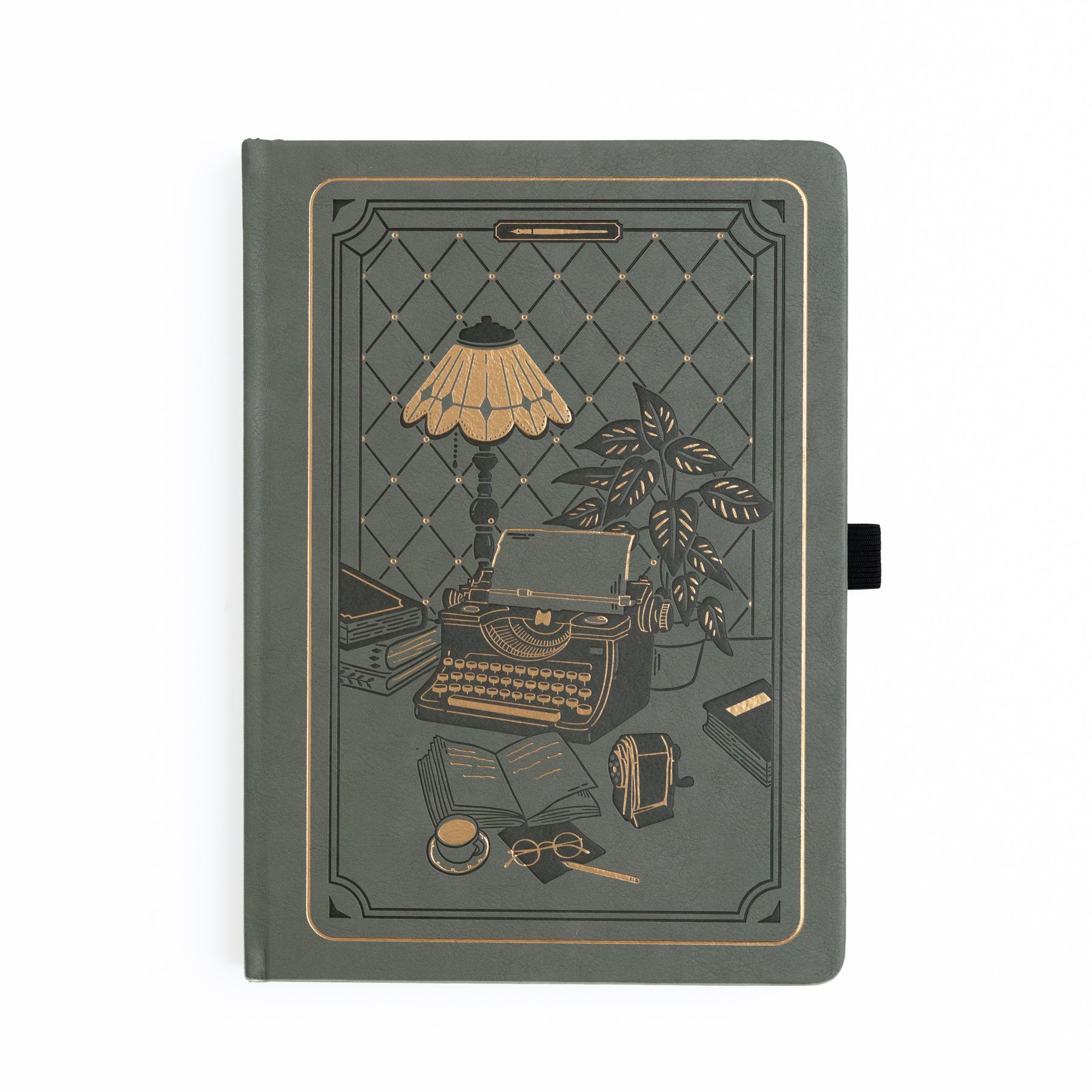 Deep olive green vegan leather notebook with gold vintage desk illustration featuring typewriter and globe