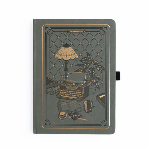 Deep olive green vegan leather notebook with gold vintage desk illustration featuring typewriter and globe