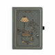 Deep olive green vegan leather notebook with gold vintage desk illustration featuring typewriter and globe