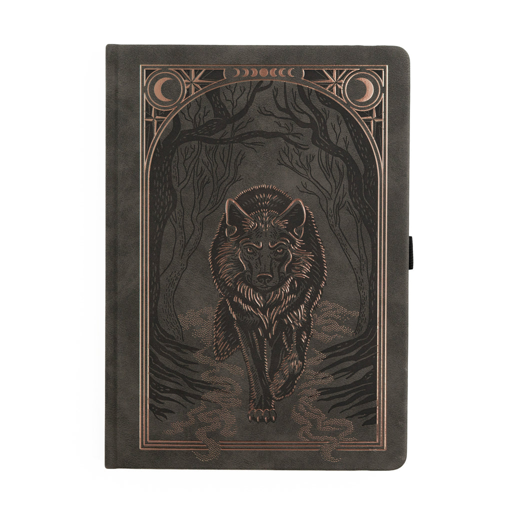 deep greenish grey notebook with wolf on the cover