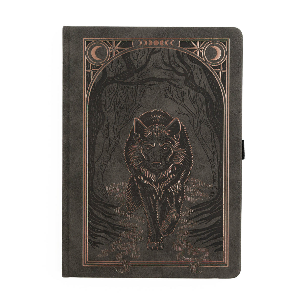 deep greenish grey notebook with wolf on the cover