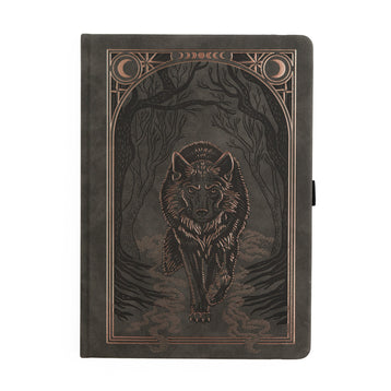 deep greenish grey notebook with wolf on the cover