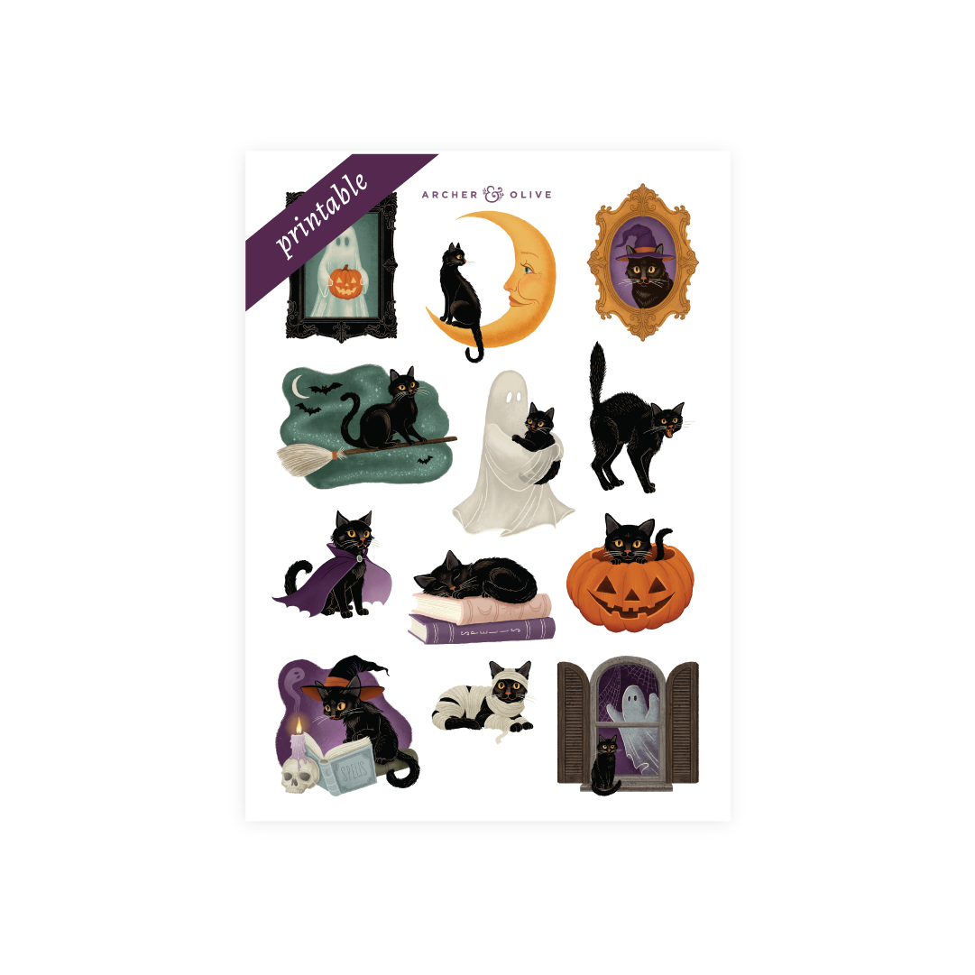 Printable black cat Halloween sticker set for journals & planners