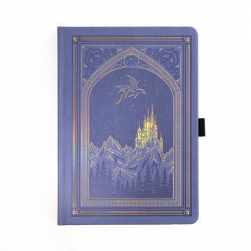 Decorative notebook with a fantasy design of a castle and dragon on a periwinkle background