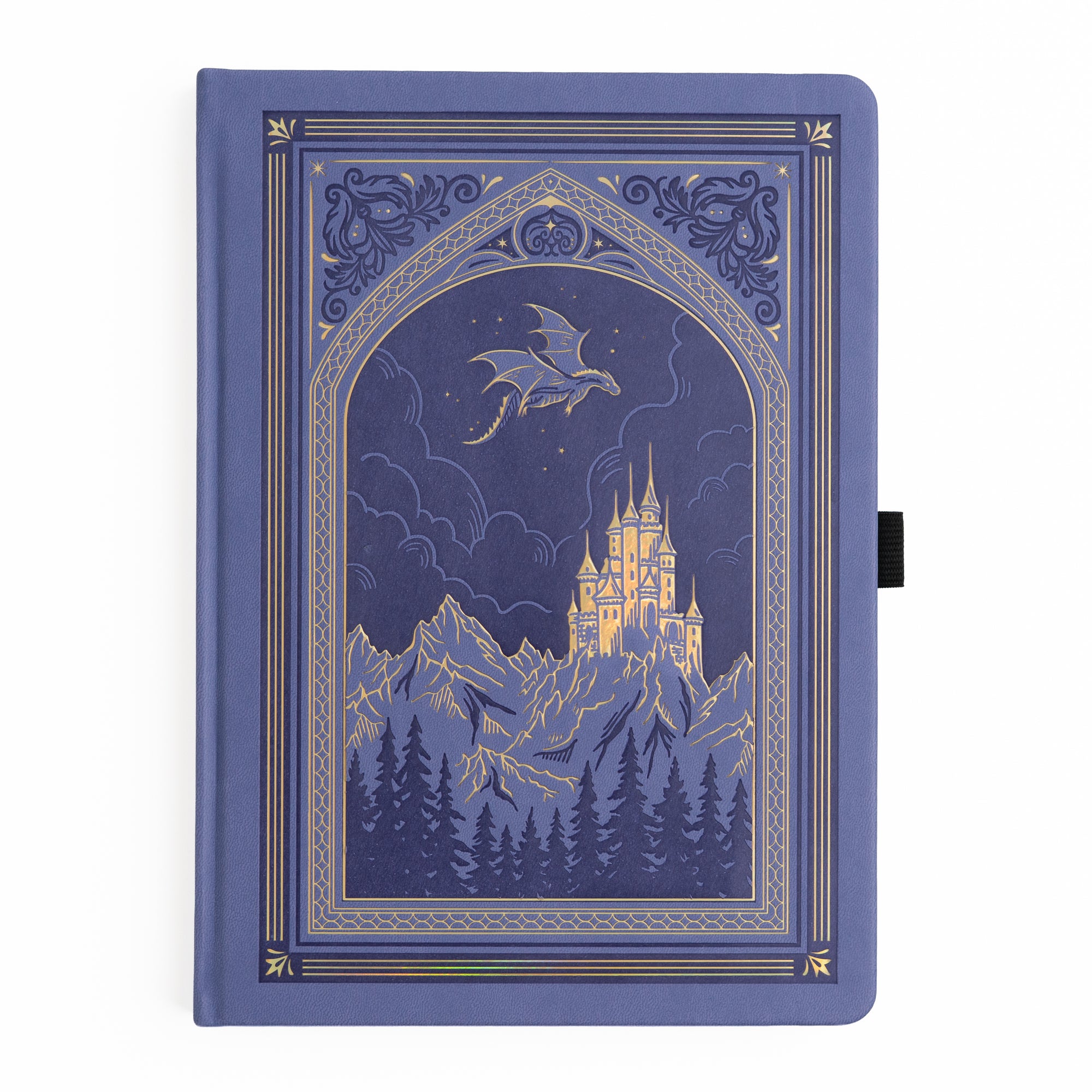 Periwinkle notebook with a castle and dragon design on the cover