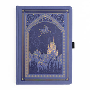 Periwinkle notebook with a castle and dragon design on the cover