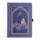 Periwinkle notebook with a castle and dragon design on the cover