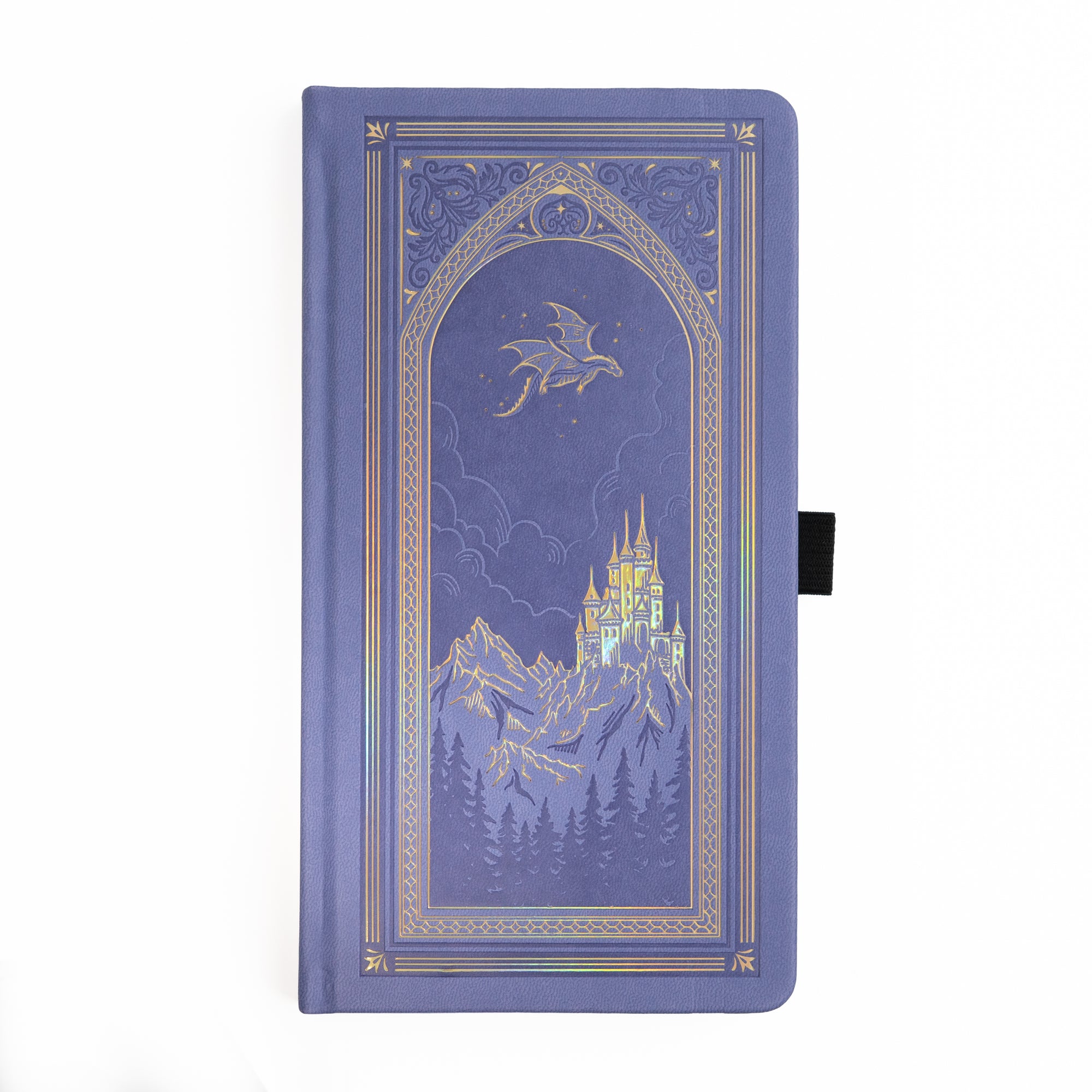 Decorative notebook with castle and dragon design on a white background