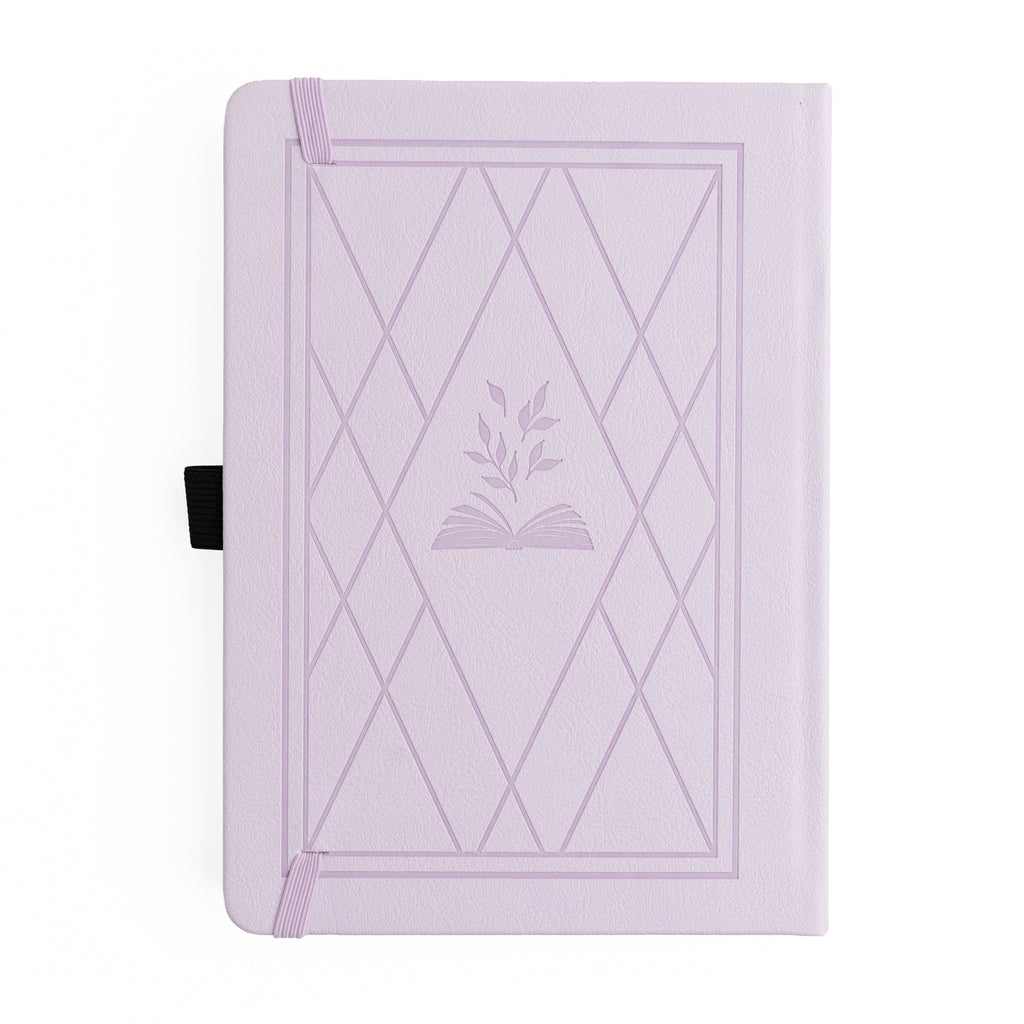 Lavender notebook with geometric design and leaf emblem on a white background