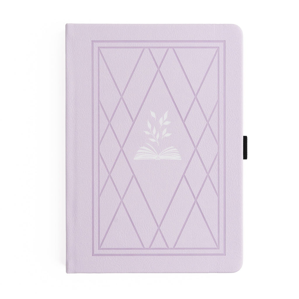 Purple notebook with geometric design and leaf emblem on a white background