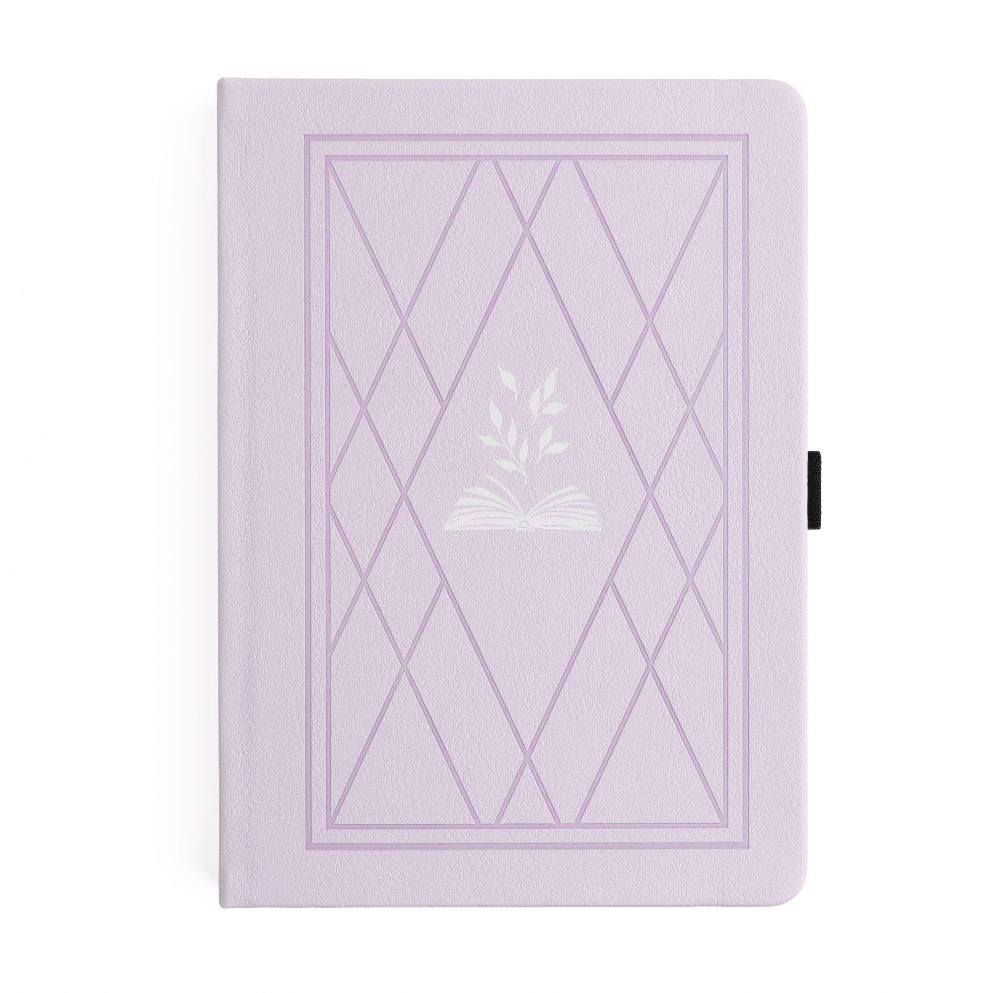 Purple notebook with geometric design and leaf emblem on a white background