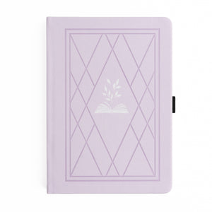 Purple notebook with geometric design and leaf emblem on a white background