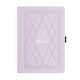 Purple notebook with geometric design and leaf emblem on a white background
