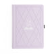 Lavender notebook with geometric design and floral emblem on a white background