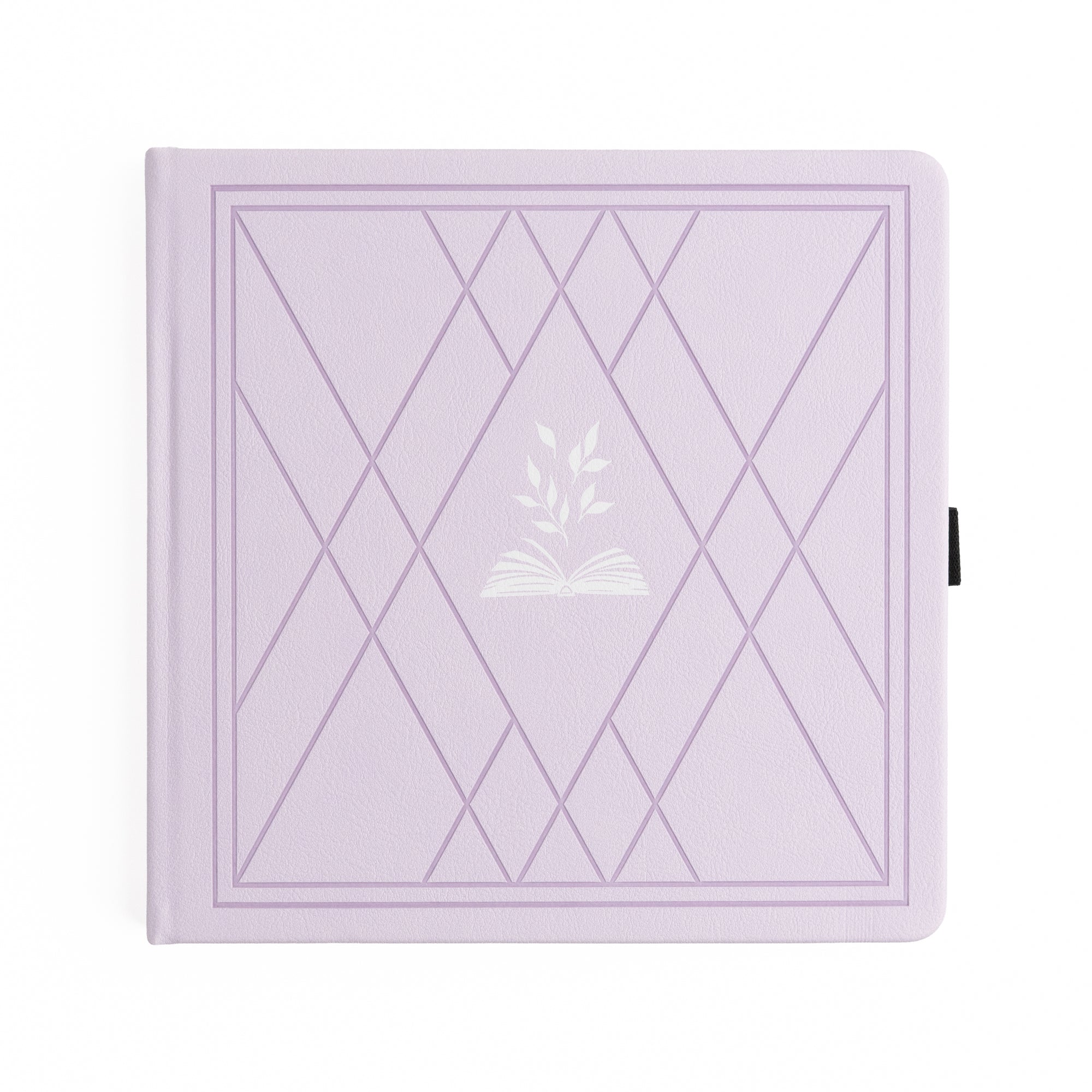Purple notebook with geometric design and a small emblem on a white background