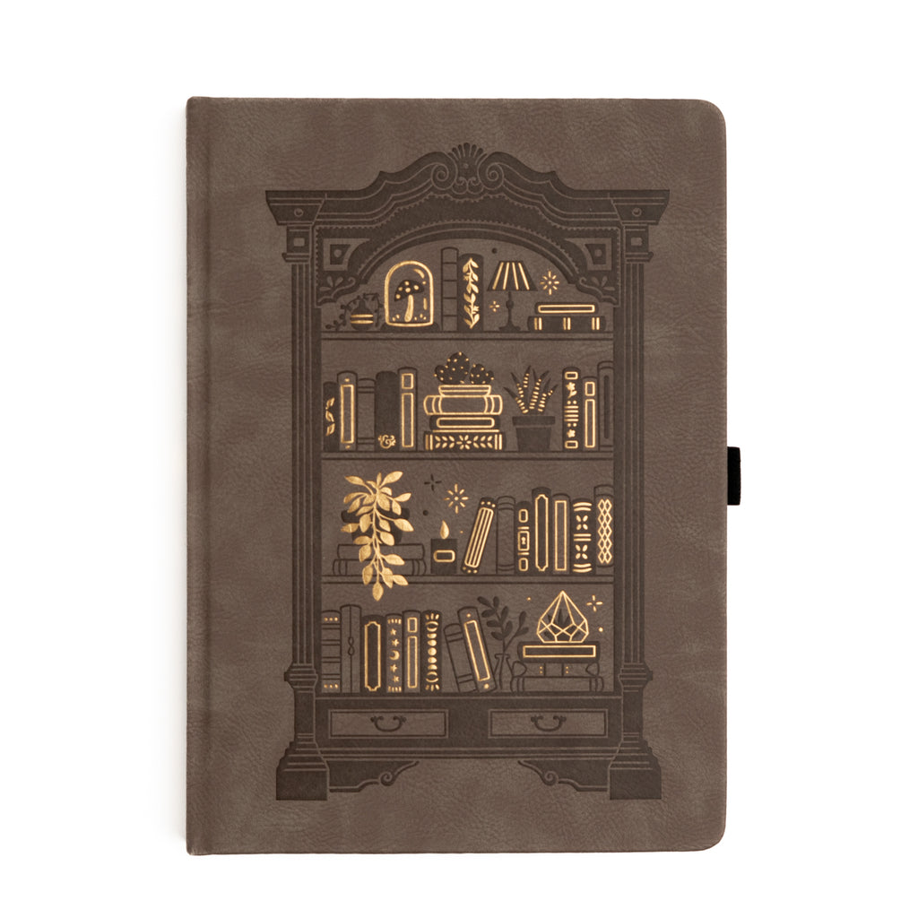 Brown notebook with decorative bookshelf illustration on a white background
