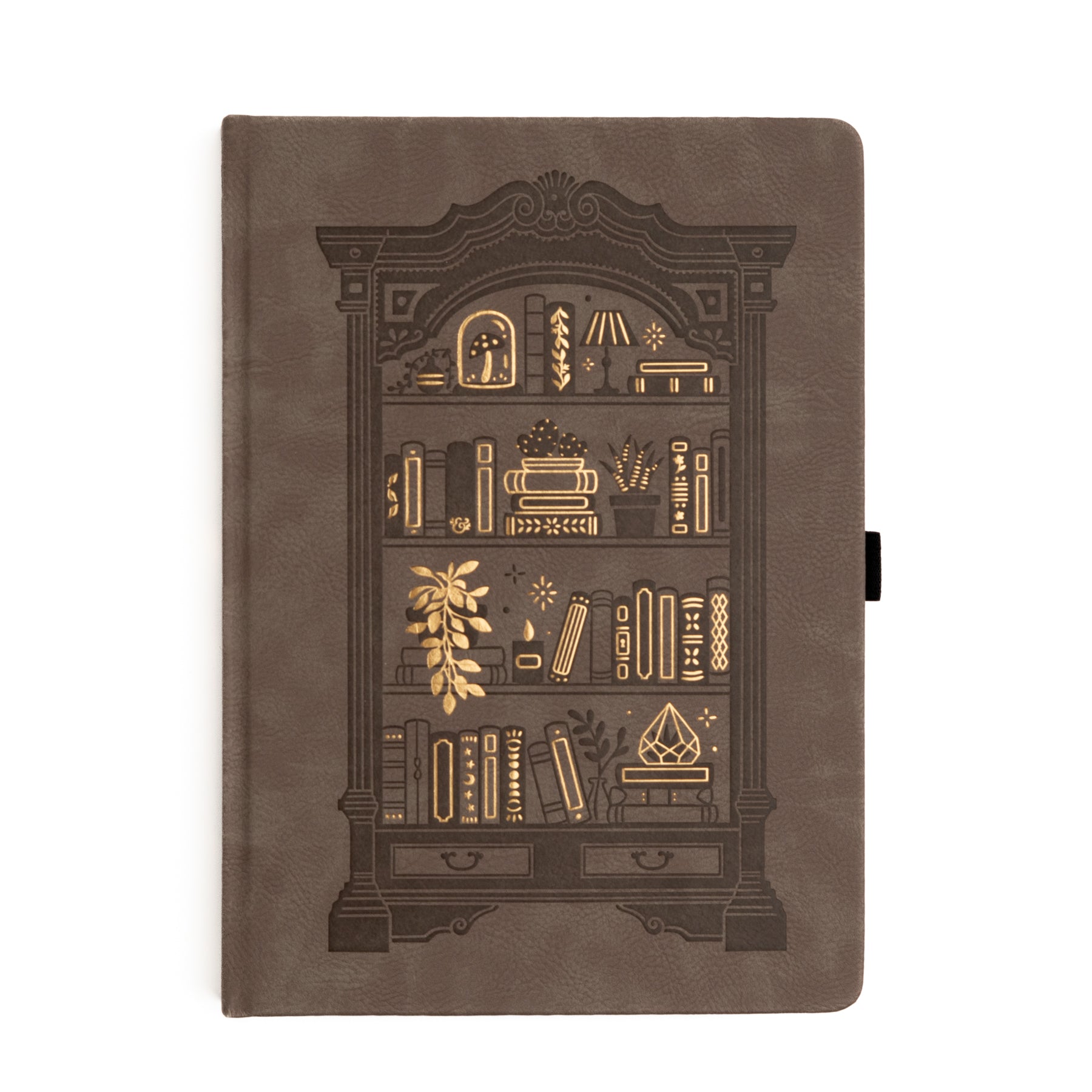Brown notebook with decorative bookshelf illustration on a white background