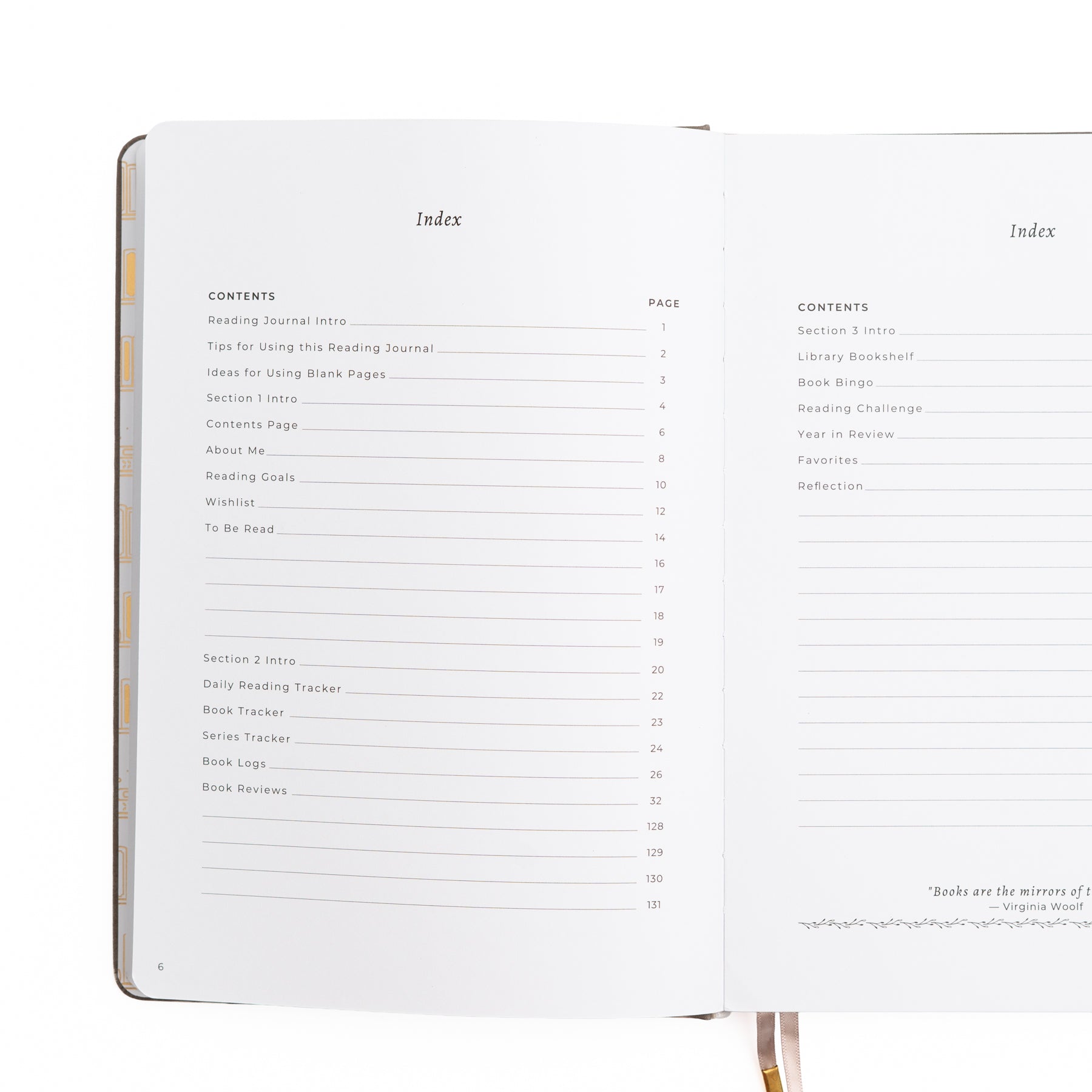 Open book showing table of contents and index on white background