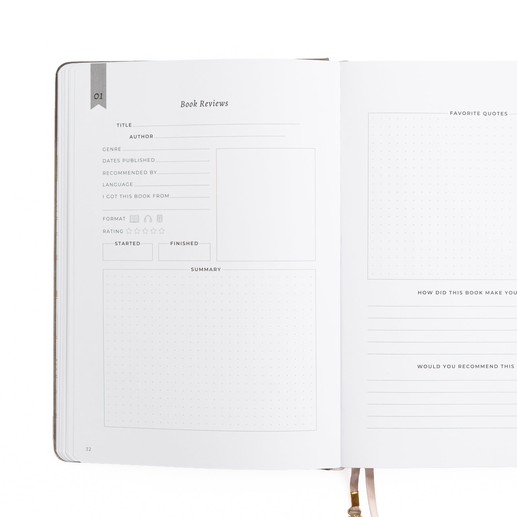 Open notebook with a page dedicated to book reviews on a white background