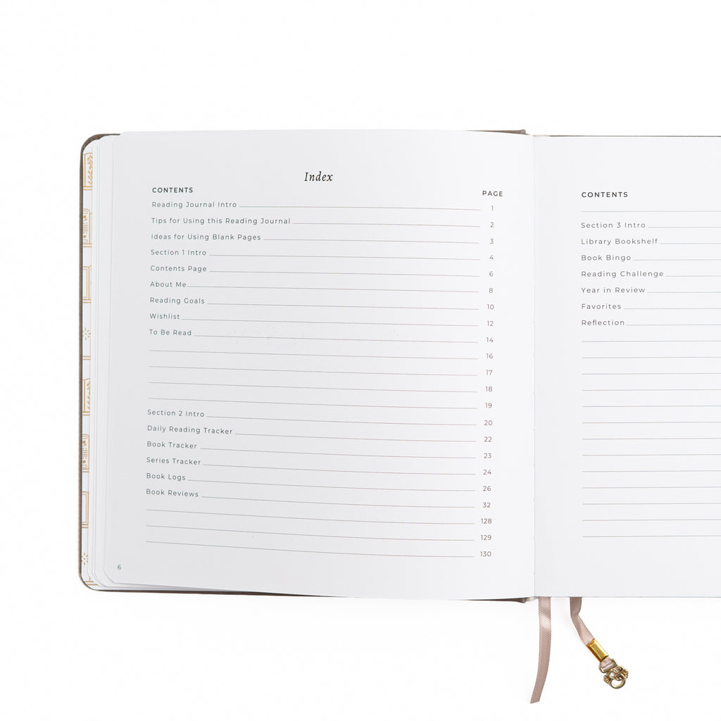 Open notebook displaying an index and table of contents on a white background