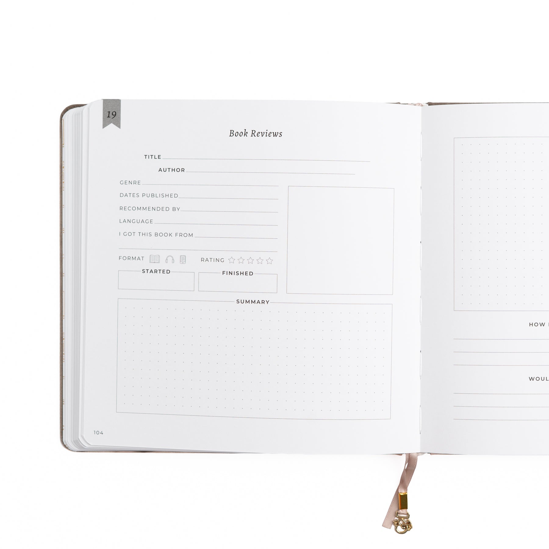 Open notebook with a page titled 'Book Reviews' on a white background